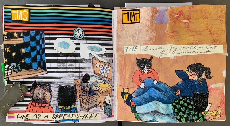 A collage-style journal page juxtaposing "Life as a Spreadsheet" with "The Simple Joy and Low Cost of Joy Entertainment."