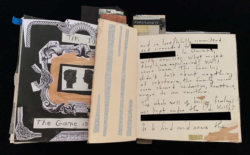 A collage with decorative art and silhouettes on the left and handwritten text on a page with redactions on the right.