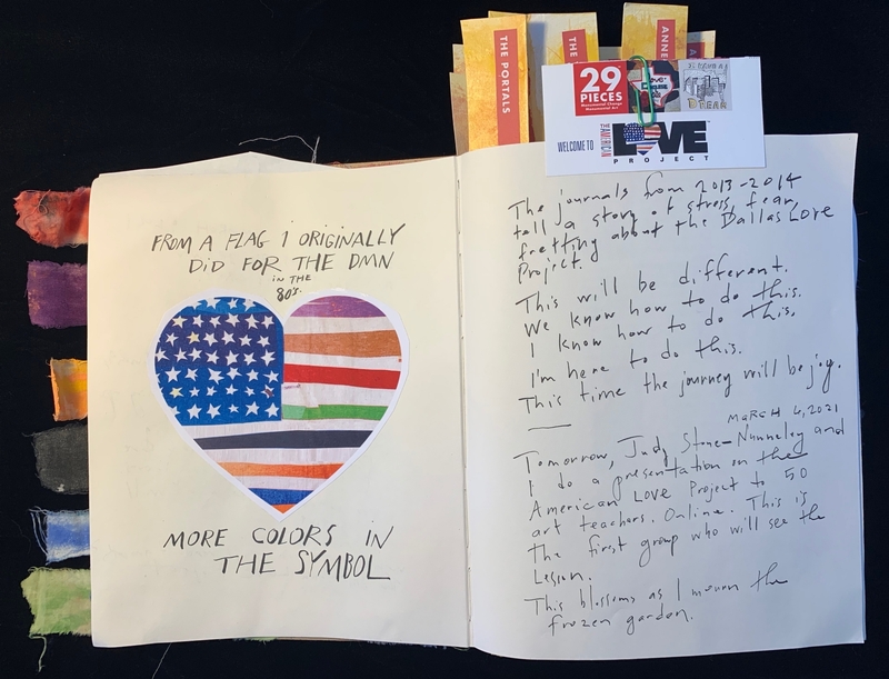 Open journal with a heart-shaped artwork and handwritten text on two pages.