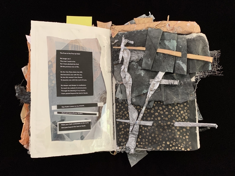 A collage-style artwork featuring a poem and torn paper elements.