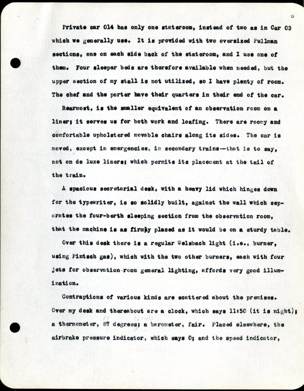 Frank H. Shoemaker typescript, 19 pages, noted on front page as "Have selected from my pocket day-dooks items pertaining to my leisure activities while on trips as private secretary to General Auditor of U.P.-S.P. and affiliates."