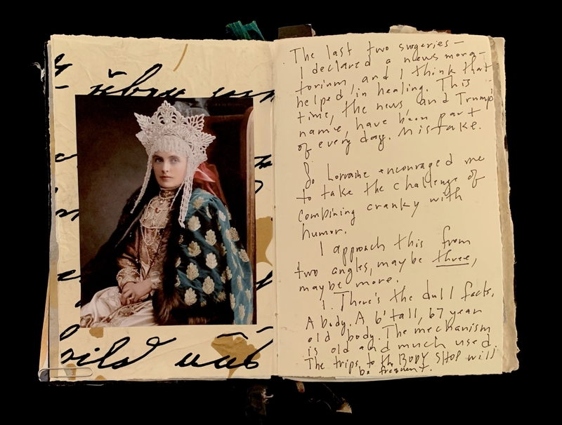 A journal with a historic portrait and handwritten text.