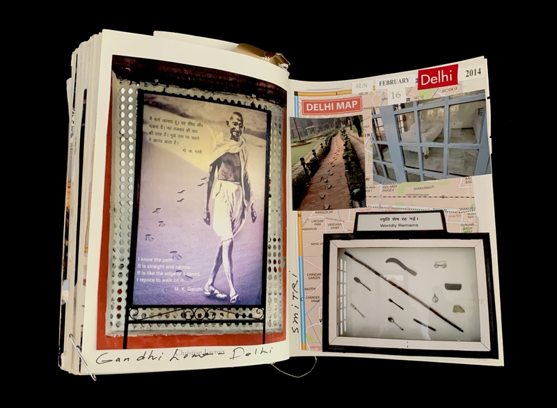 A scrapbook page featuring a photograph of Mahatma Gandhi, a map of Delhi, and a display case with artifacts.