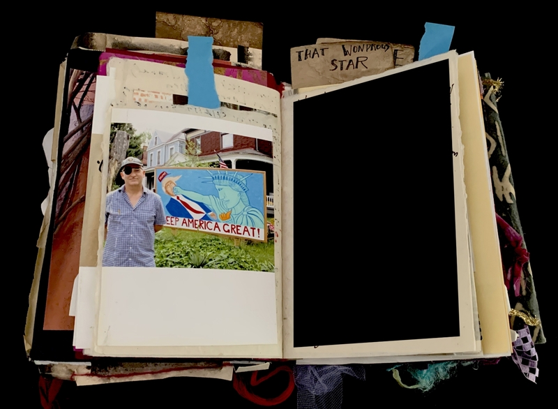 A collage-style scrapbook page featuring a photograph and various ephemera.