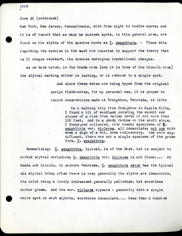 Frank H. Shoemaker typescript, 11 pages, notes and bird lists from field trip at Havelock, Nebraska, and areas surrounding Lincoln, Nebraska