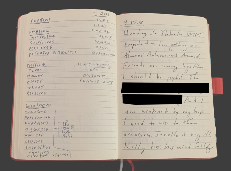 Open notebook with handwritten entries and redacted sections.