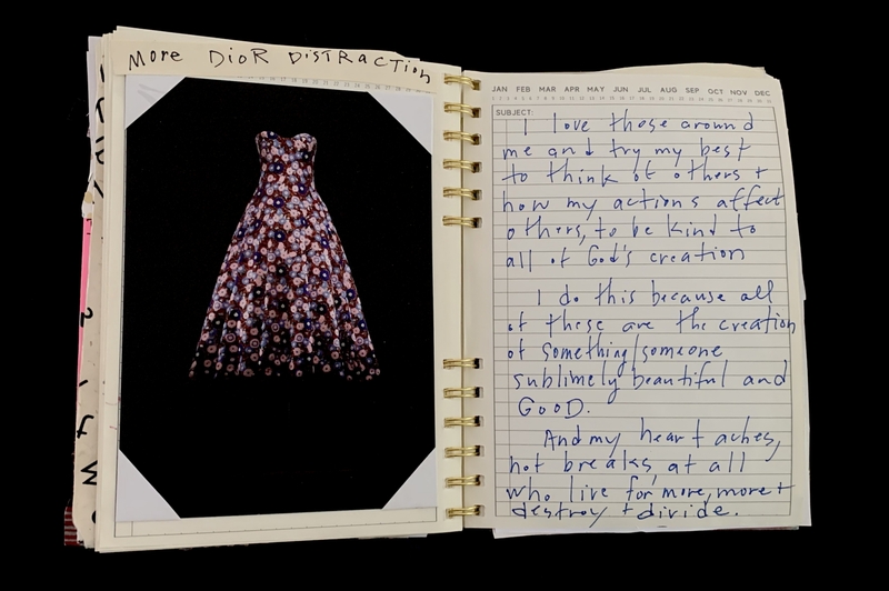 A handwritten note with a photograph of a floral dress and a title "More Dior Distraction."
