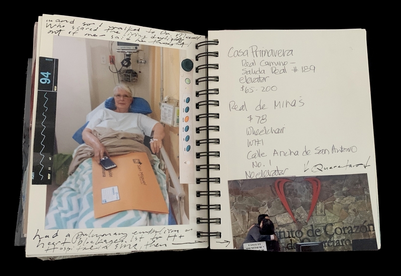 A journal page featuring a photograph of a person in a hospital bed, handwritten notes, and a photo of a heart-shaped logo.