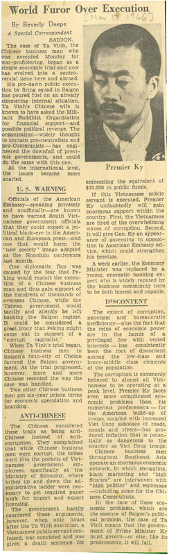 Article published in the New York Herald Tribune about the international condemnation of the execution of Ta Vinh for "war profiteering" by South Vietnam, page unknown