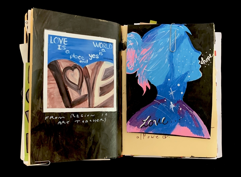 A vibrant art journal page featuring a heart-shaped "LOVE" and a silhouette of a person with "Love" written below.