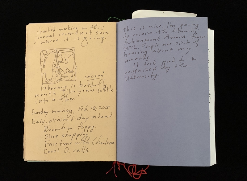 Open journal with handwritten notes on tan and lavender pages.