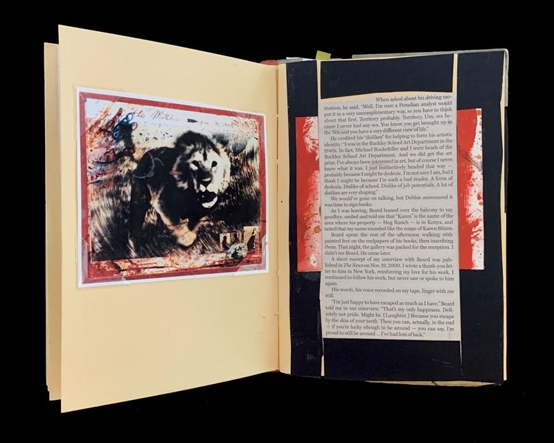 A page from a book featuring a vibrant illustration of a lion and text discussing art and personal reflections.