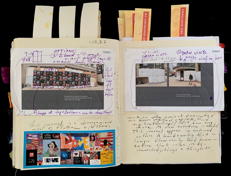 An open journal with handwritten notes and photographs, featuring colorful images and annotations.