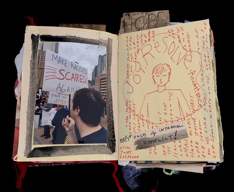 A protest photograph and a hand-drawn illustration with handwritten text.
