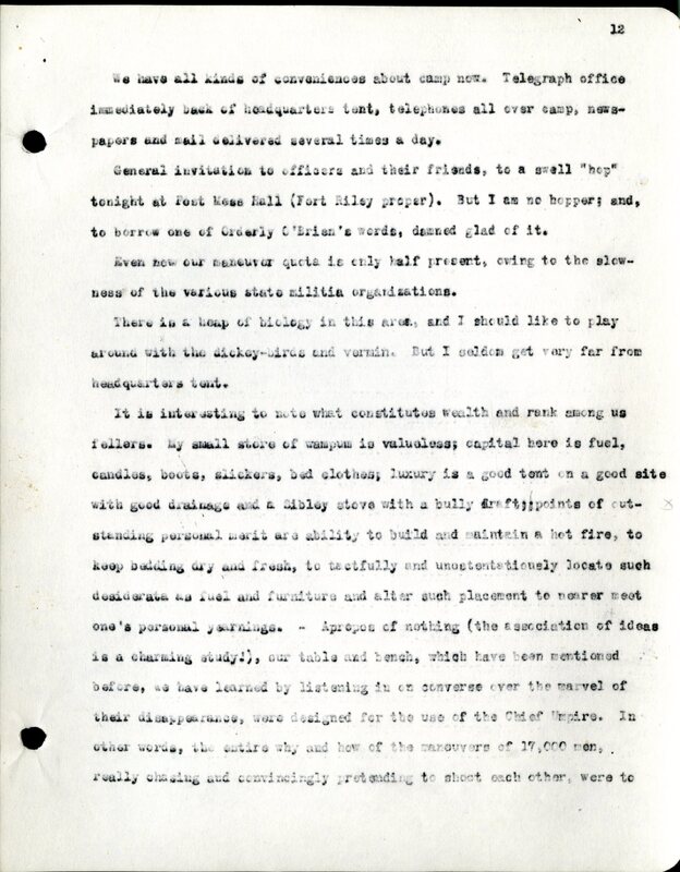 Frank H. Shoemaker typescript, 28 pages, titled "At Fort Riley, Kansas" on activities at Fort Riley between Oct. 12-29, 1903.