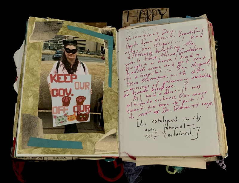 A collage page featuring a photograph and handwritten notes, with a focus on a protest sign and travel details.