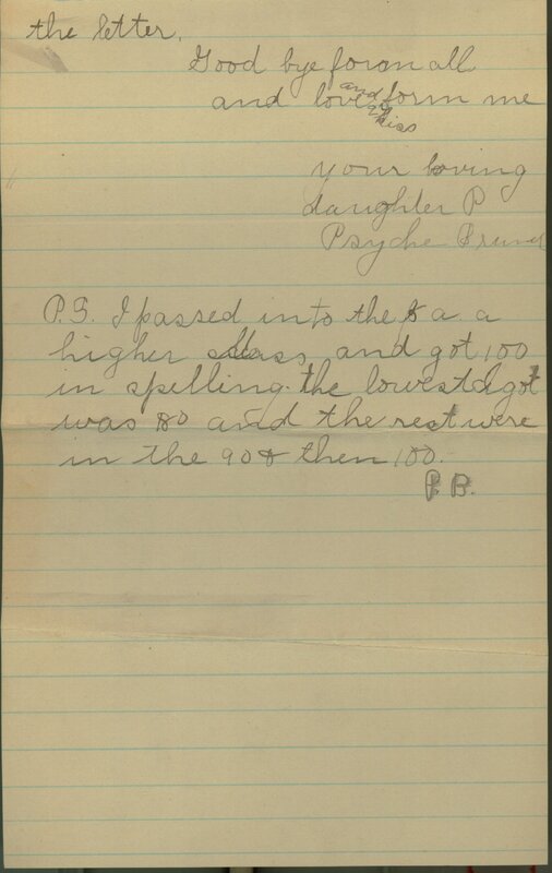 Handwritten 2 page letter from Psyche Bruner to Lawrence Bruner, "I thought I would write you a letter…"