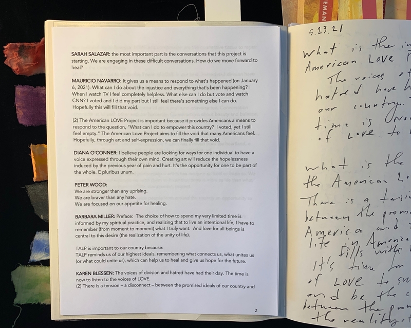 Open journal with typed and handwritten pages, textured paper on the left margin.