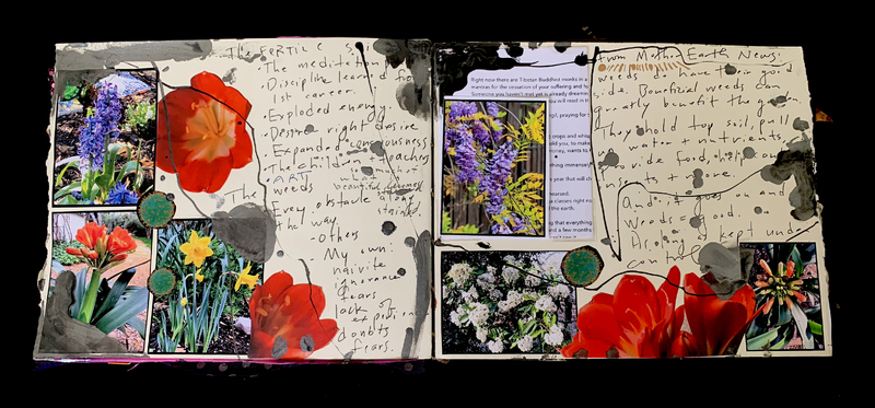 A vibrant scrapbook page featuring floral photographs, handwritten notes, and artistic doodles.