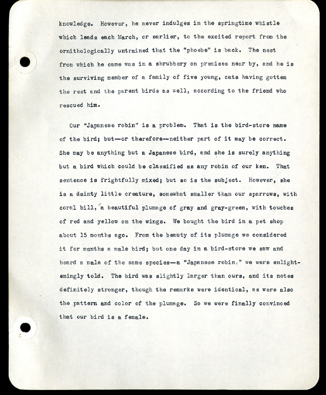 Frank H. Shoemaker typescript narrative, 29 pages,  on the bird room in Omaha home, with details on bird and insects.