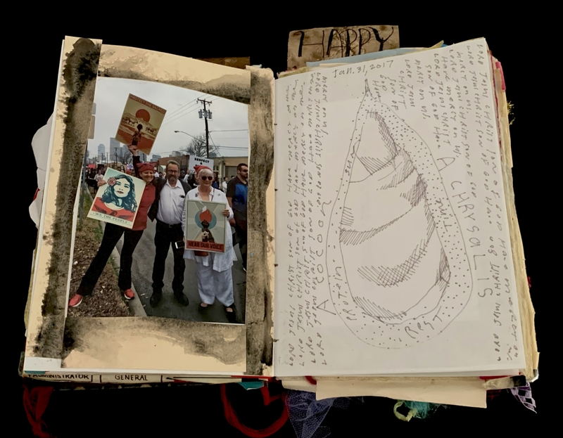 A photograph and sketch are displayed in a scrapbook, featuring a protest scene and handwritten notes.