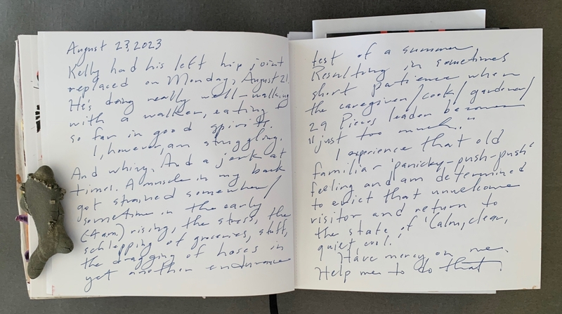 A handwritten journal entry dated August 23, 2023, discussing a family member's hip replacement and personal reflections on summer and patience.