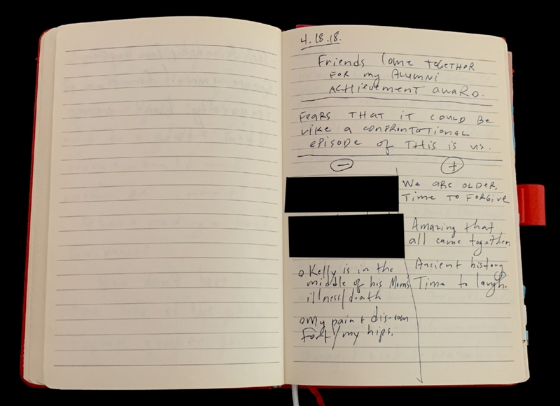 Open notebook showing handwritten notes with some sections redacted.
