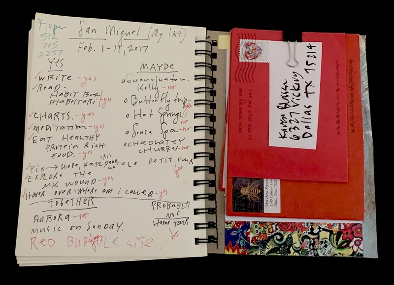 A handwritten list from February 1-19, 2017, detailing personal goals and activities, accompanied by a red envelope and a postcard.