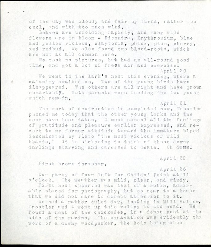 Frank H. Shoemaker typescript, 20 pages, detailing bird sightings, field trips, photography, and associated activities in Omaha, Nebraska.