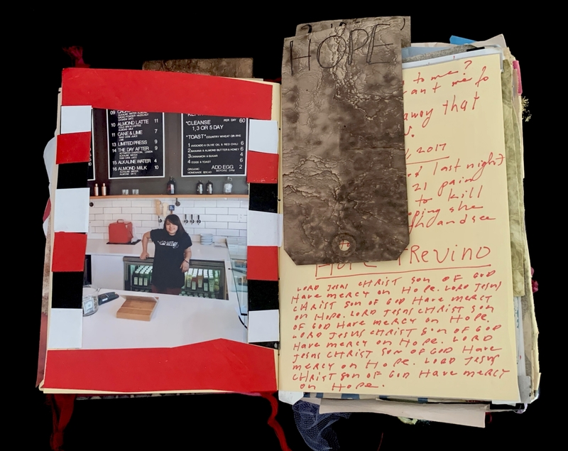 A collage of various images and handwritten notes, including a photograph of a person behind a counter, a menu board, and a piece of paper with the word "HOPE" written on it.
