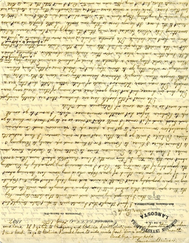 Handwritten 2 page letter from Lawrence Bruner to Psyche, "I first thought that I would write to Aunt Sela..."