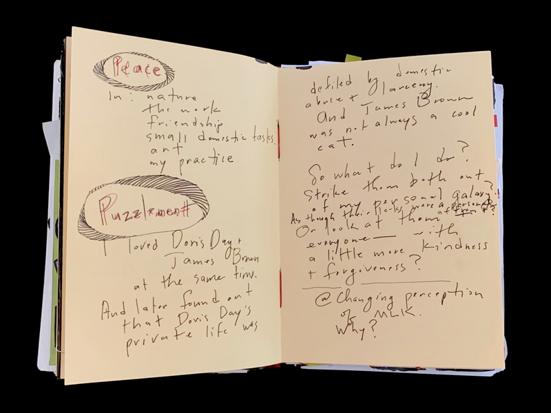 A handwritten notebook page with various notes and doodles, discussing themes of peace, nature, and personal reflections.