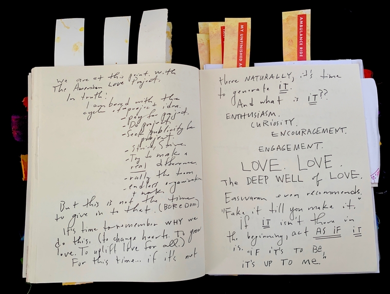 Open journal with handwritten text discussing a project, emphasizing love and engagement, with colorful tabs visible.