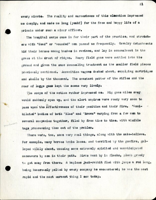 Frank H. Shoemaker typescript, 28 pages, titled "At Fort Riley, Kansas" on activities at Fort Riley between Oct. 12-29, 1903.