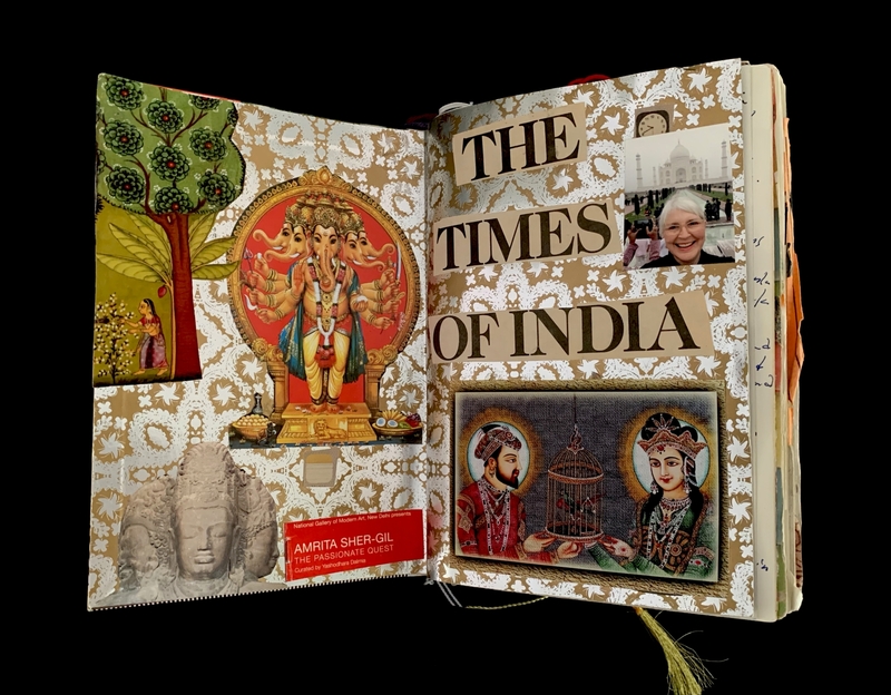 Open scrapbook featuring religious and cultural images, with bold text "The Times of India" and a small photograph of a person with the Taj Mahal.