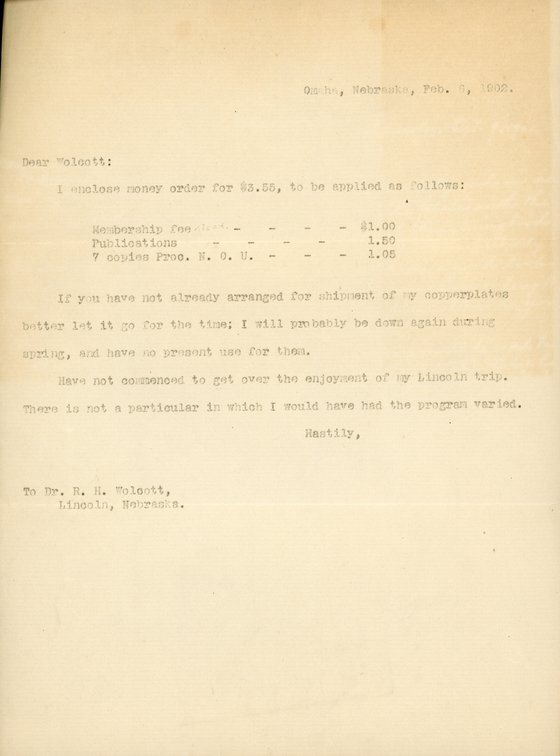 Typewritten letter, 1 page, from Frank H. Shoemaker to Robert H. Wolcott, "I enclose money order for $3.55, to be applied as follows:..."
