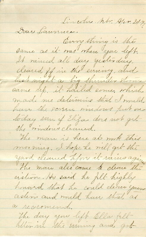 Handwritten 2 page letter from Marcia Bruner to Lawrence Bruner, "Everything is the same as it was where you left."