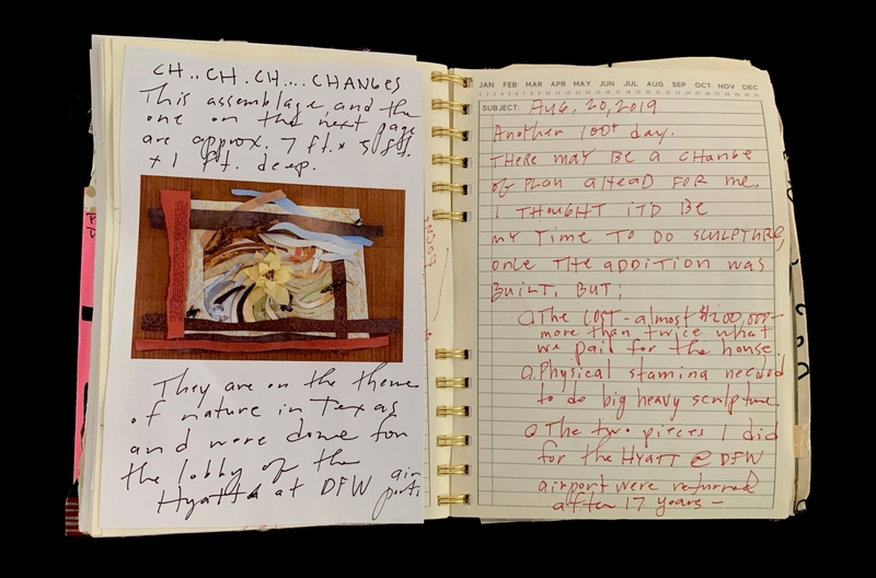 A journal entry discussing changes in a project, including a photograph of an artwork and reflections on the cost and physical demands of sculpture.