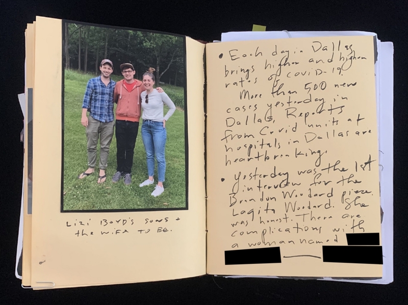 A handwritten note with a photograph of three individuals standing outdoors.