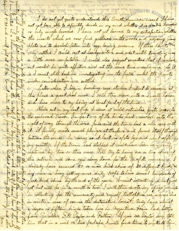 Handwritten 2 page letter from Lawrence Bruner to Marcia Bruner, "I have just returned from another trip up north where..."