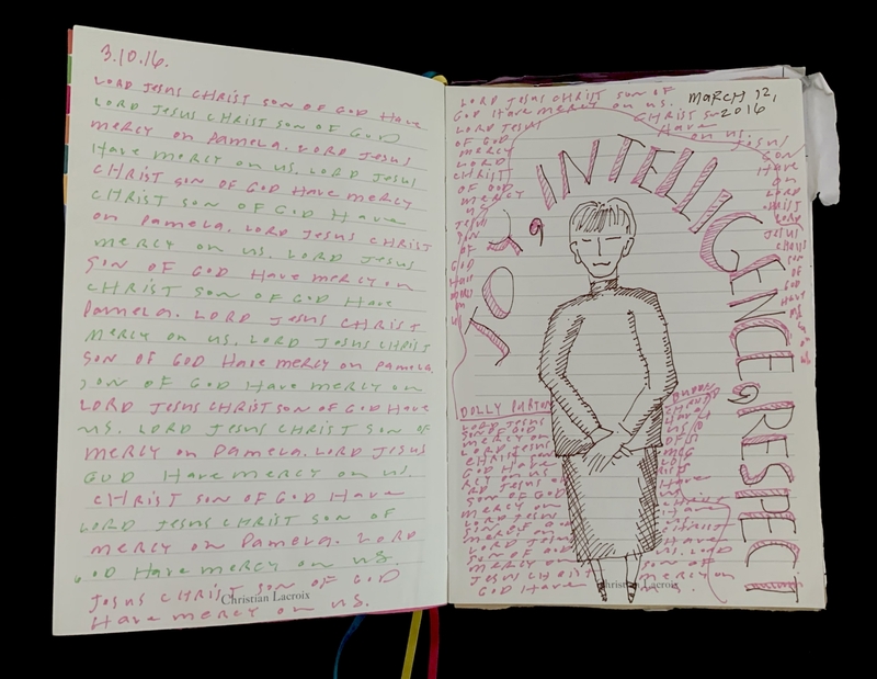 An open journal with handwritten text and an illustration of a person on the right page, surrounded by the words "JOY, INTELLIGENCE & RESPECT."