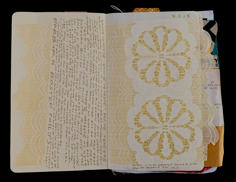 Open notebook with handwritten text on the left page and doily patterns on the right page.
