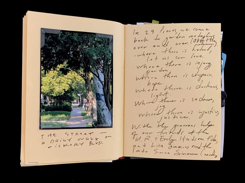 A handwritten page with a photograph of a tree-lined path and accompanying text discussing themes of love, hope, and justice.