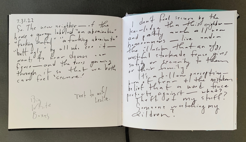 A handwritten journal entry dated 7.31.22, expressing frustration and concern about a new neighbor's actions and perceptions.