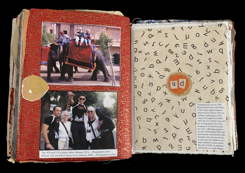Open scrapbook with photographs on the left page and abstract text design on the right page.