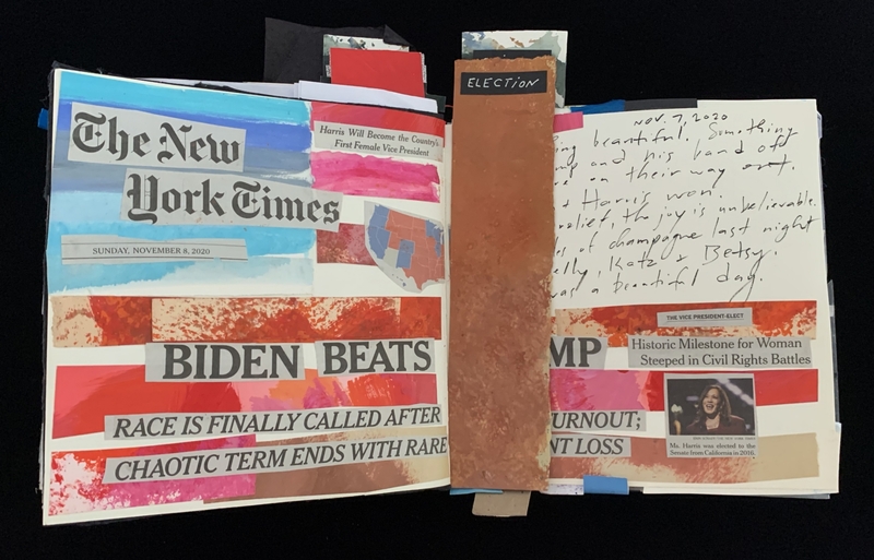 Open scrapbook with newspaper clippings about the 2020 election and handwritten notes.