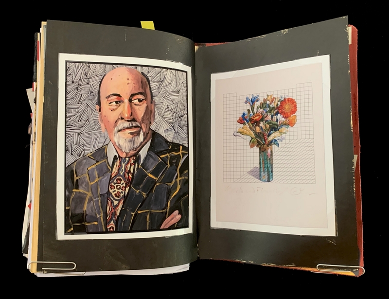 A sketchbook page featuring a detailed portrait and a floral arrangement.