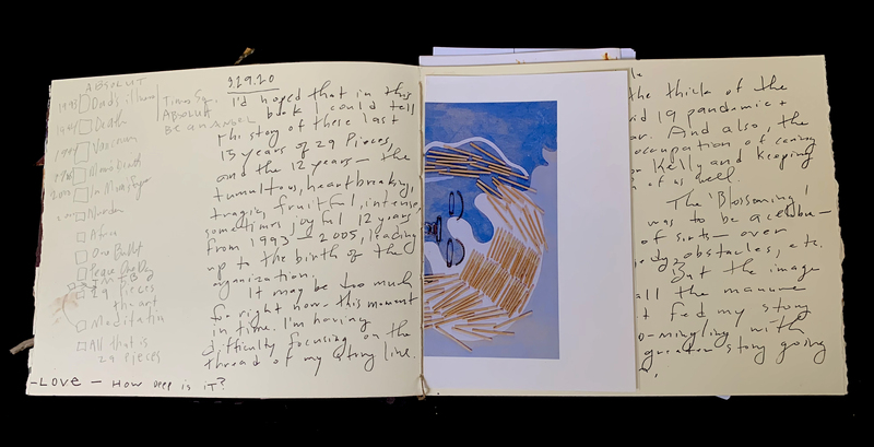 A handwritten journal page with a central image of matchsticks arranged in a circular pattern, surrounded by text discussing personal reflections and memories.