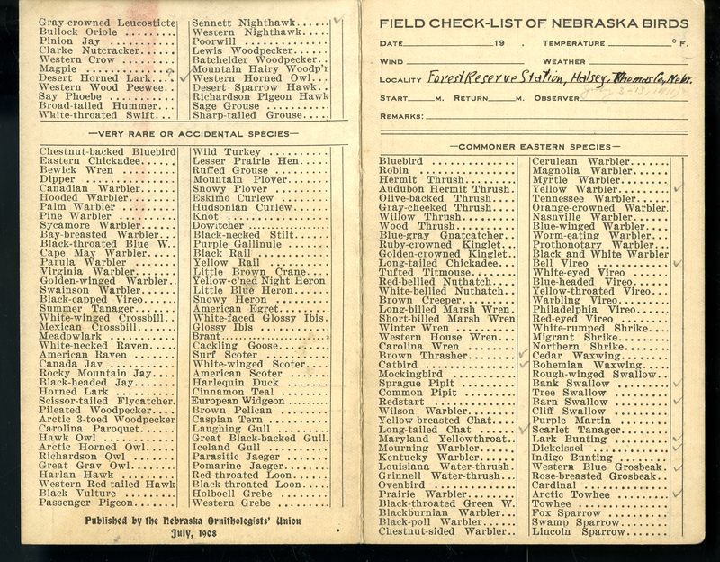 Frank H. Shoemaker bird record, sited on July 3-13, 1911, in Thomas Couny, Nebraska, and recorded on the "Field Check List of  Nebraska Birds."