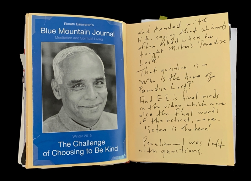 A handwritten note on a page from "Blue Mountain Journal" by Eknath Easwaran, discussing the concept of the hero in "Paradise Lost."